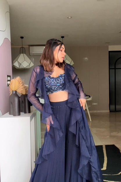 Riya Jain in Alaia - Navy Blue Bustier, Organza Jacket & Palazzos