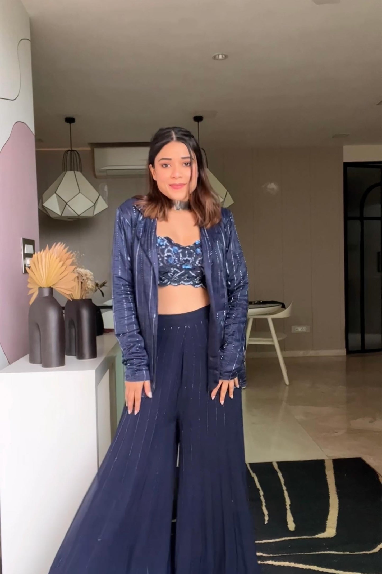 Riya Jain in Alaia - Navy Blue Bustier, Organza Jacket & Palazzos