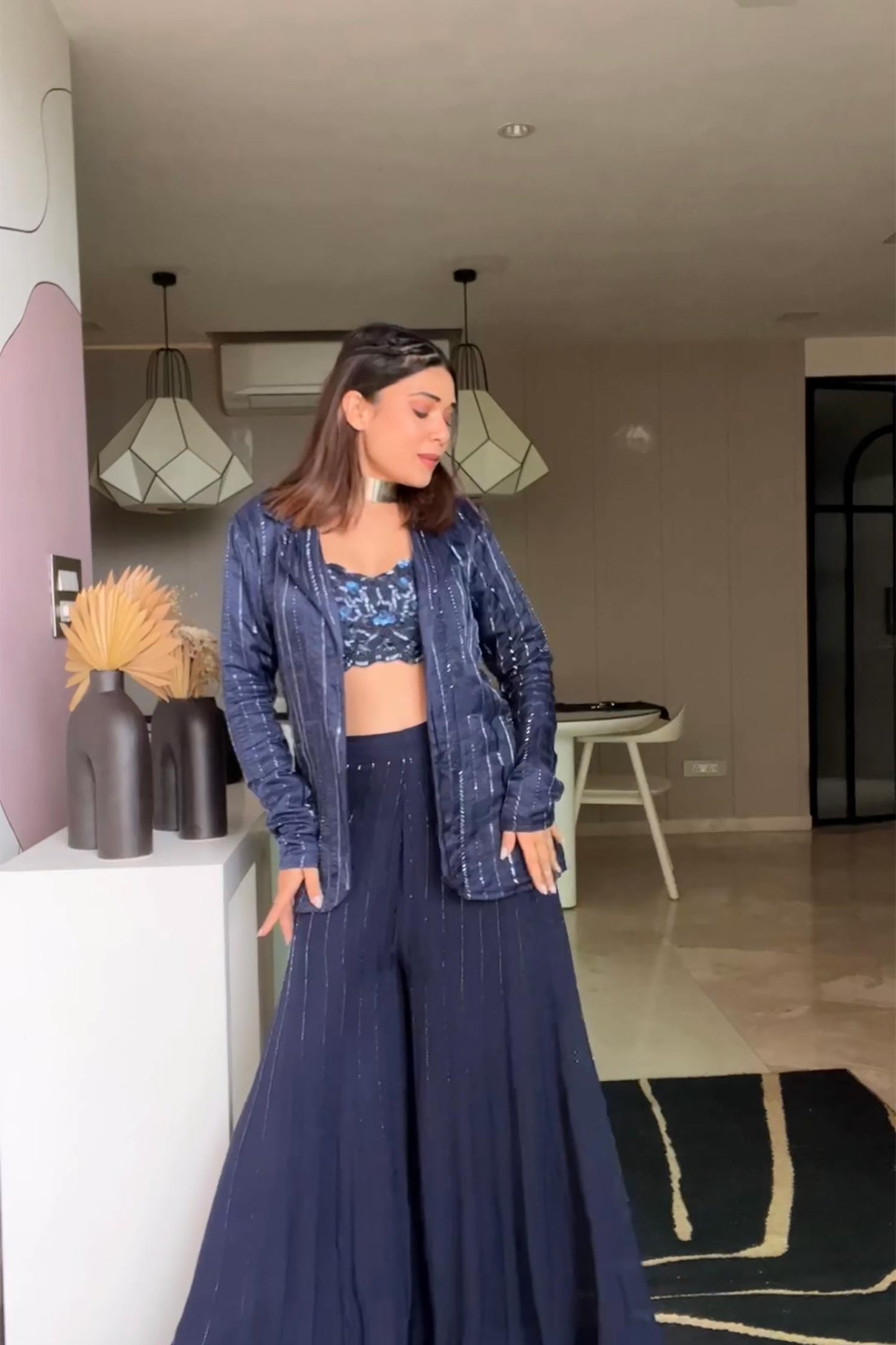 Riya Jain in Alaia - Navy Blue Bustier, Organza Jacket & Palazzos