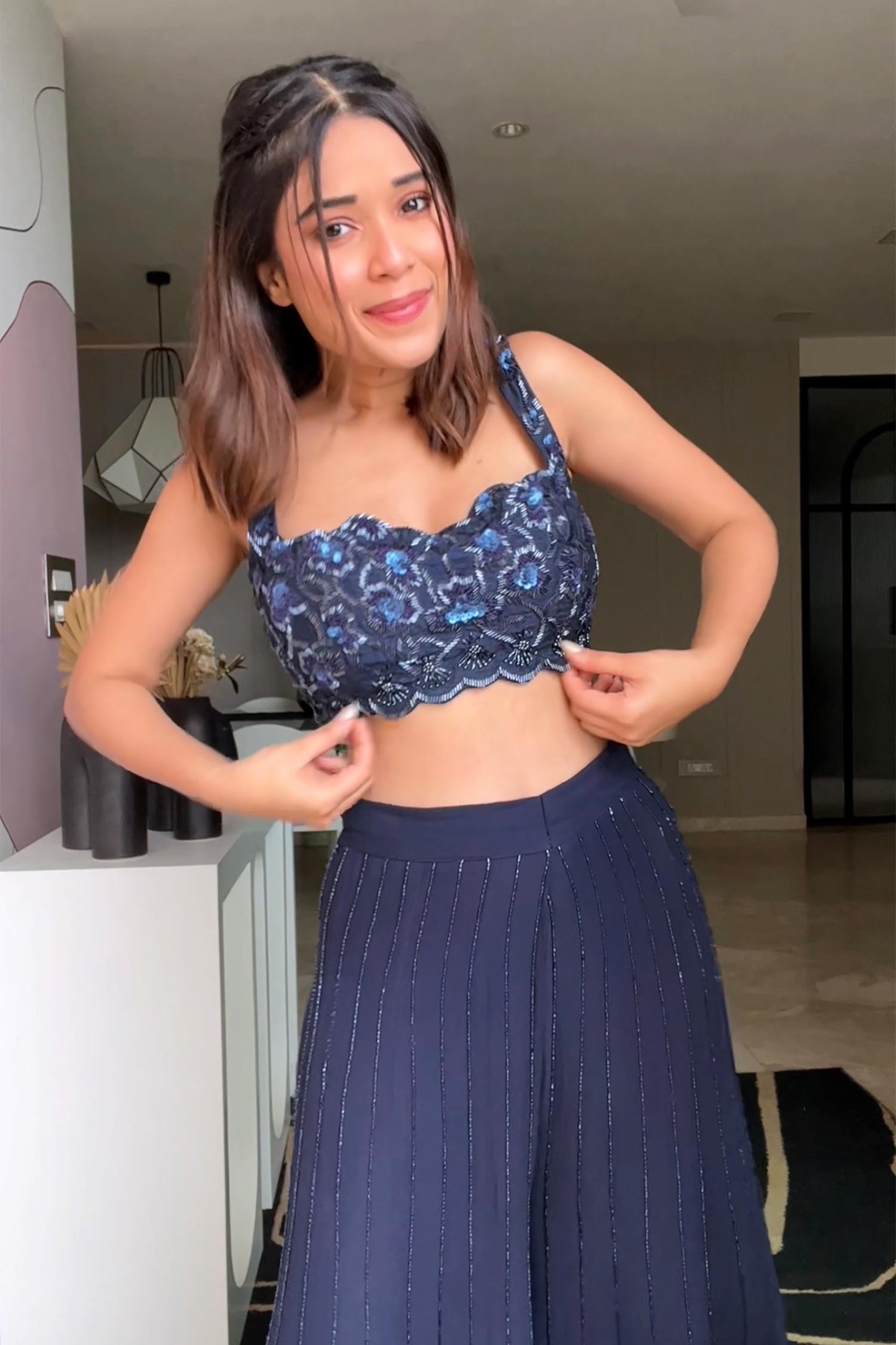 Riya Jain in Alaia - Navy Blue Bustier, Organza Jacket & Palazzos