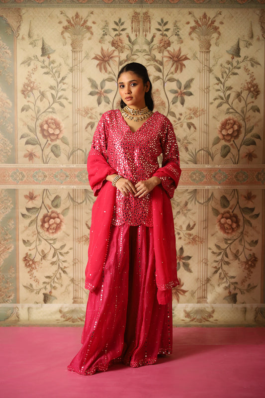 Heer Cerise Pink Mirror Work Sharara & Kurta Set