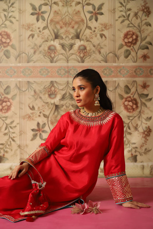 Zehra Red Kurta and Flared Pants with Gota Patti Work on Sleeves and Ghera
