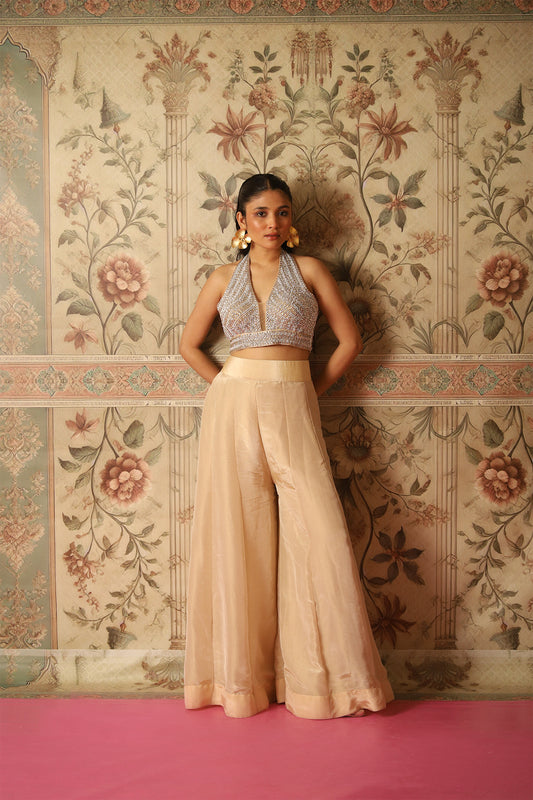 Irina Gold Hand-Embroidered Blouse paired with Flared Tissue Palazzos