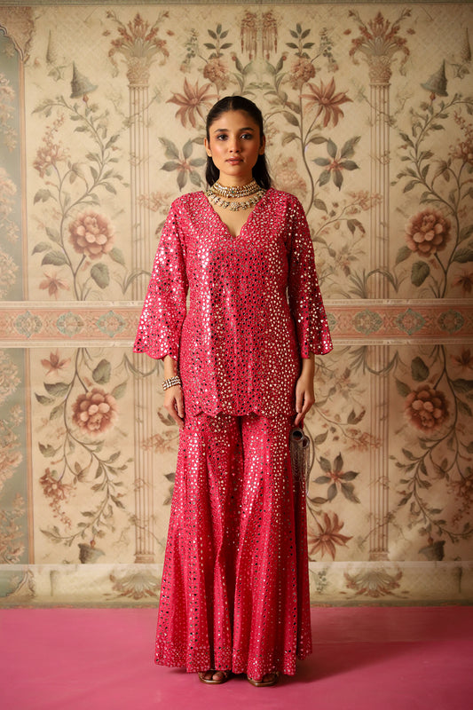 Lashkara Pink Mirror Work Sharara & Kurta Set