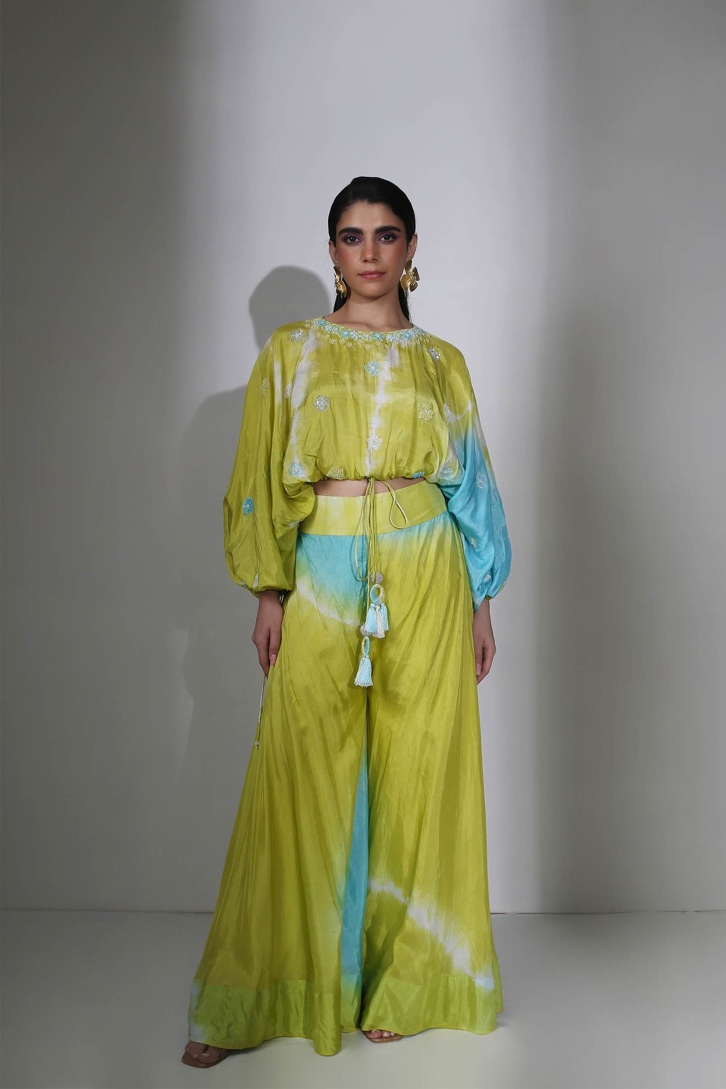 Siara - Lime Green & Turquoise Drawstring Top & Flared Palazzos Set