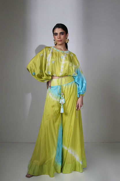 Siara - Lime Green & Turquoise Drawstring Top & Flared Palazzos Set