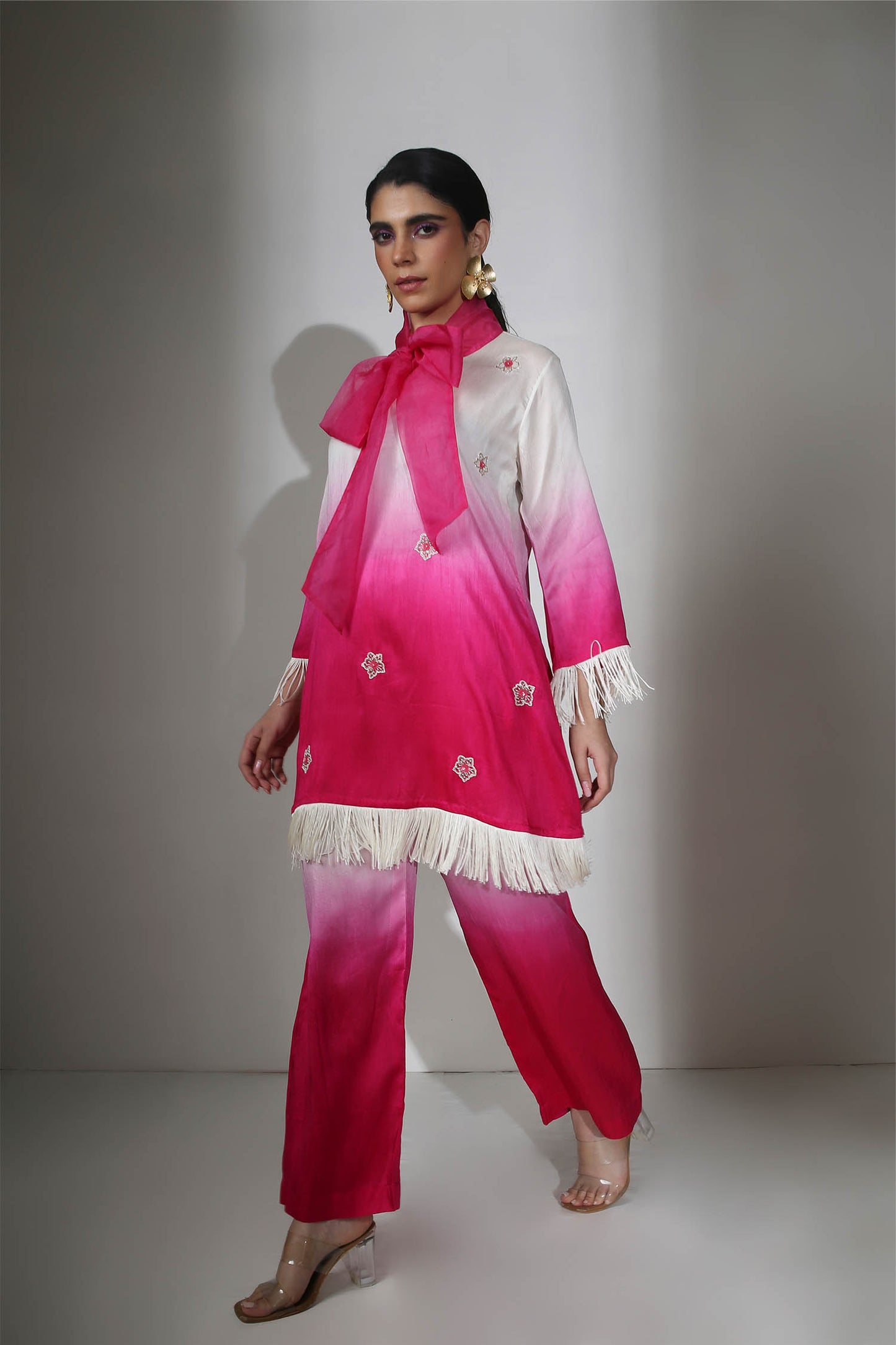 Aara - Ivory & Fuschia Pink Ombre Dyed Fringe Co-Ord With Flared Pants