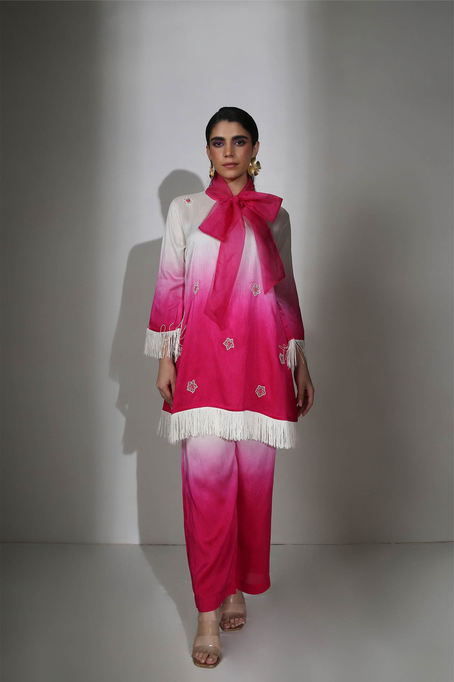 Aara - Ivory & Fuschia Pink Ombre Dyed Fringe Co-Ord With Flared Pants