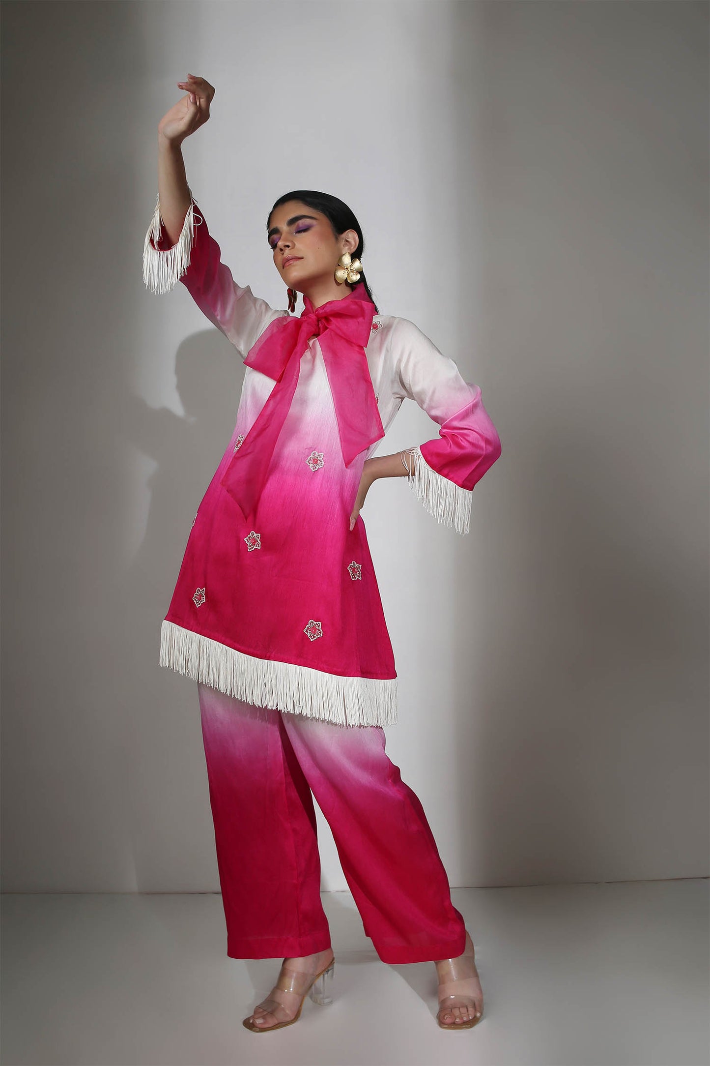 Aara - Ivory & Fuschia Pink Ombre Dyed Fringe Co-Ord With Flared Pants