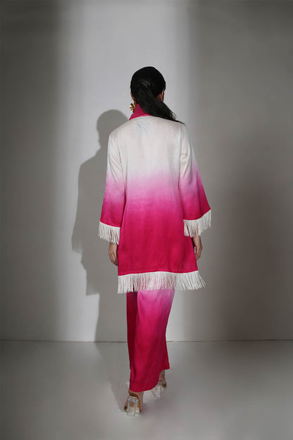 Aara - Ivory & Fuschia Pink Ombre Dyed Fringe Co-Ord With Flared Pants