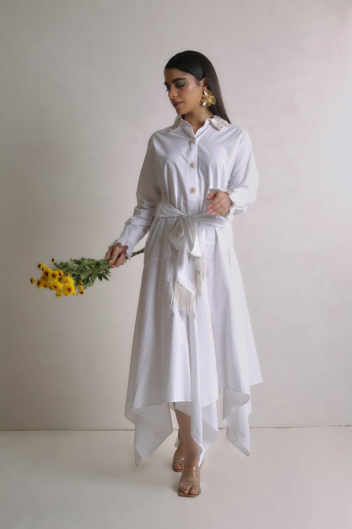 Emana - White High Low Shirt Dress With Hand Work on Collar and Waist Tie With Fringe