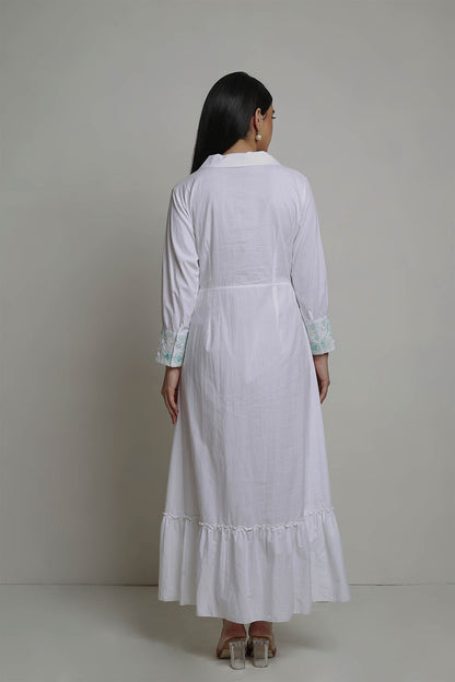 Elian - White Long Shirt Dress with Hand Work on Cuffs and Belt