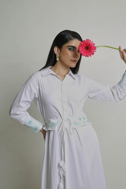 Elian - White Long Shirt Dress with Hand Work on Cuffs and Belt