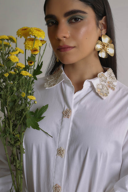 Emana - White High Low Shirt Dress With Hand Work on Collar and Waist Tie With Fringe