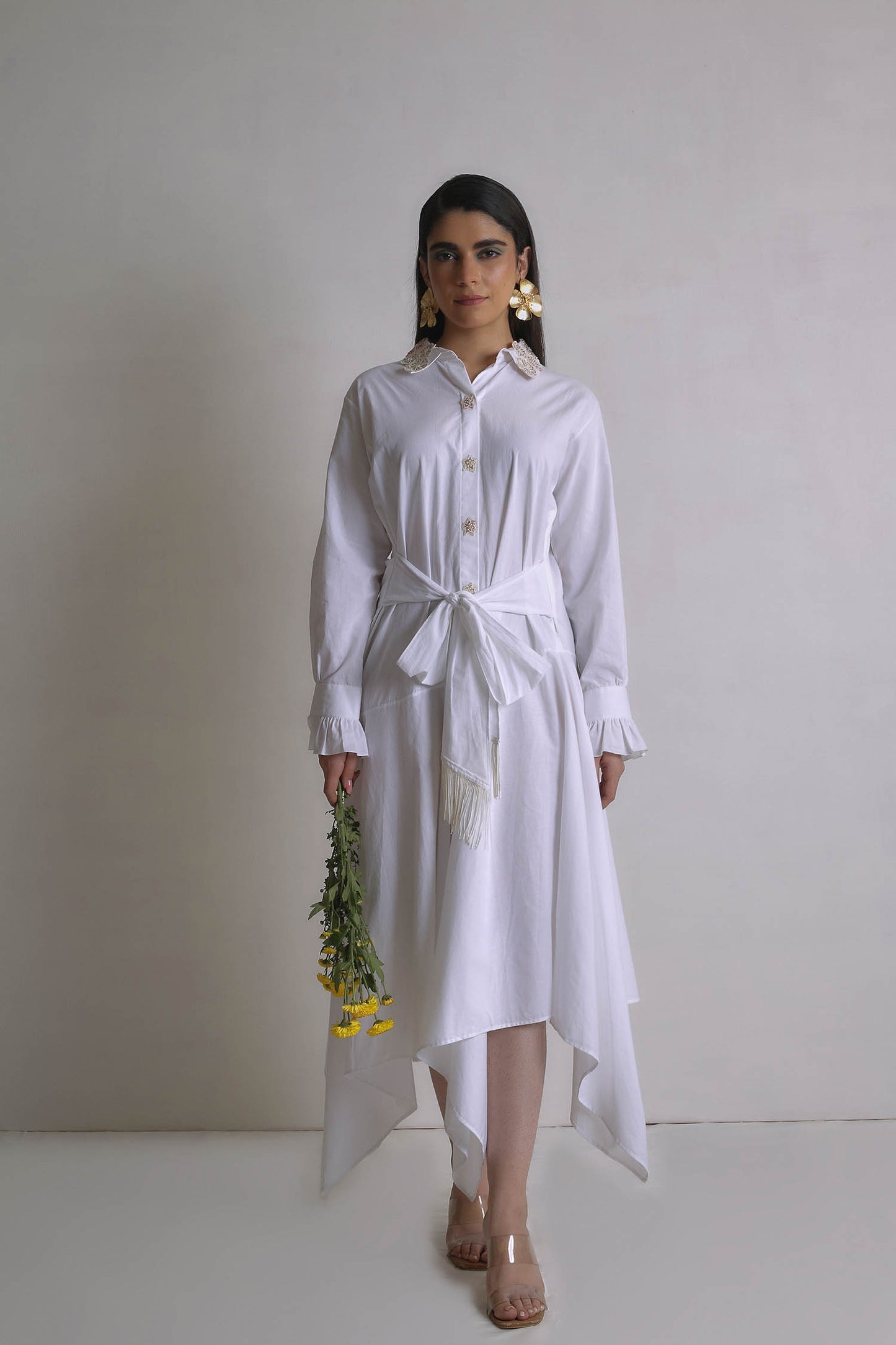 Emana - White High Low Shirt Dress With Hand Work on Collar and Waist Tie With Fringe