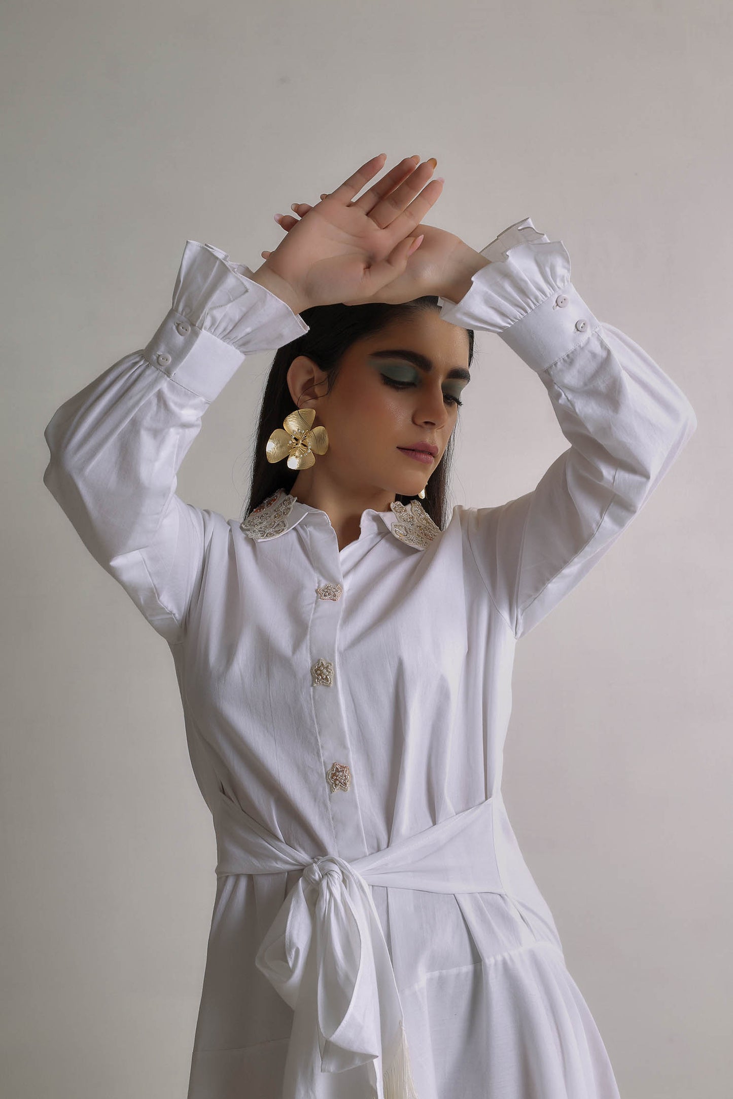 Emana - White High Low Shirt Dress With Hand Work on Collar and Waist Tie With Fringe