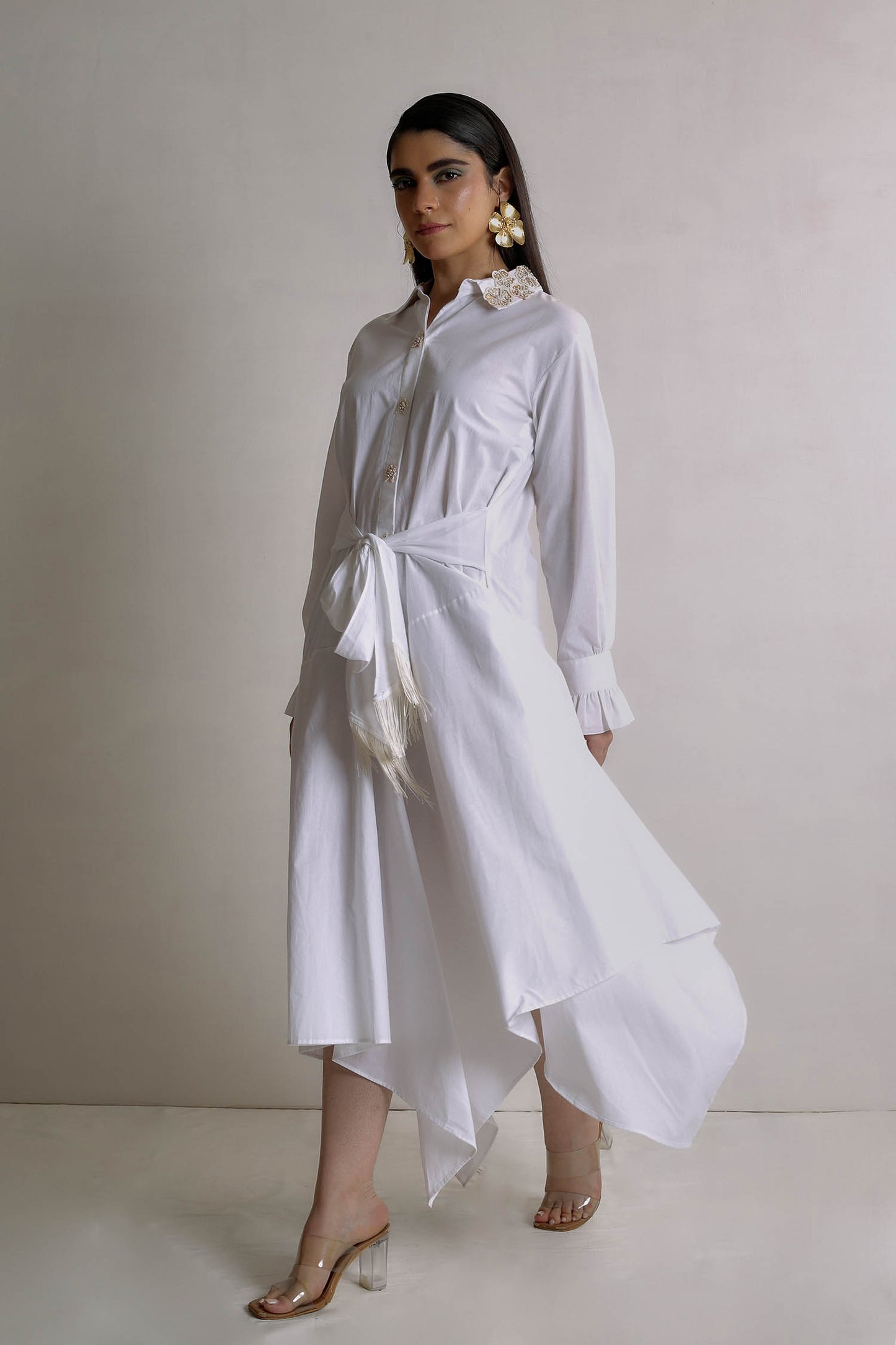 Emana - White High Low Shirt Dress With Hand Work on Collar and Waist Tie With Fringe