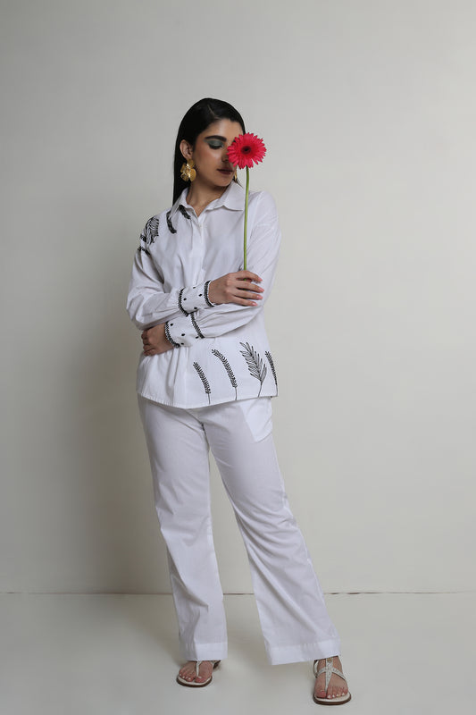 Chérie - White Shirt Co-ord Set With Black Handwork and White Cigarette Pants