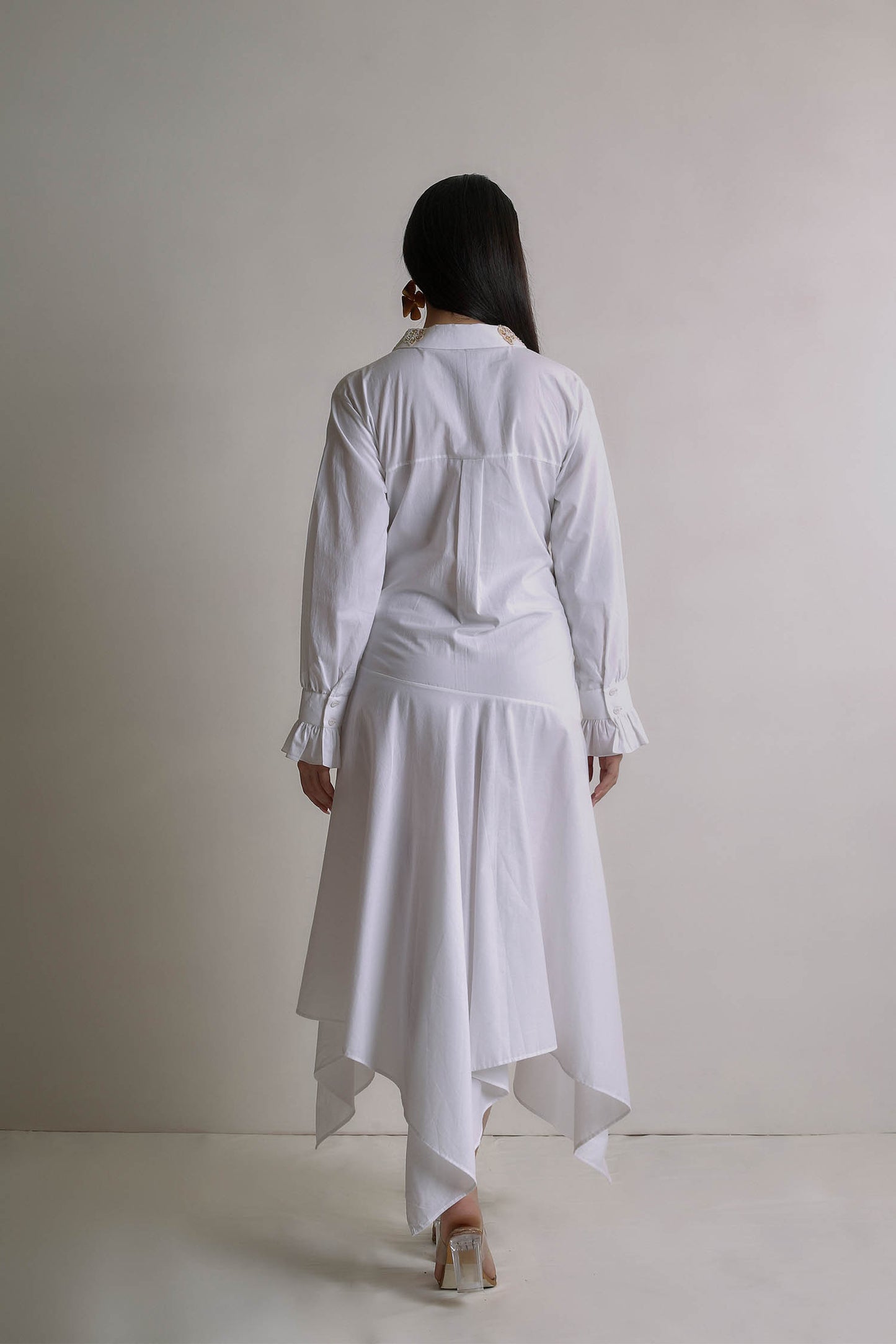 Emana - White High Low Shirt Dress With Hand Work on Collar and Waist Tie With Fringe