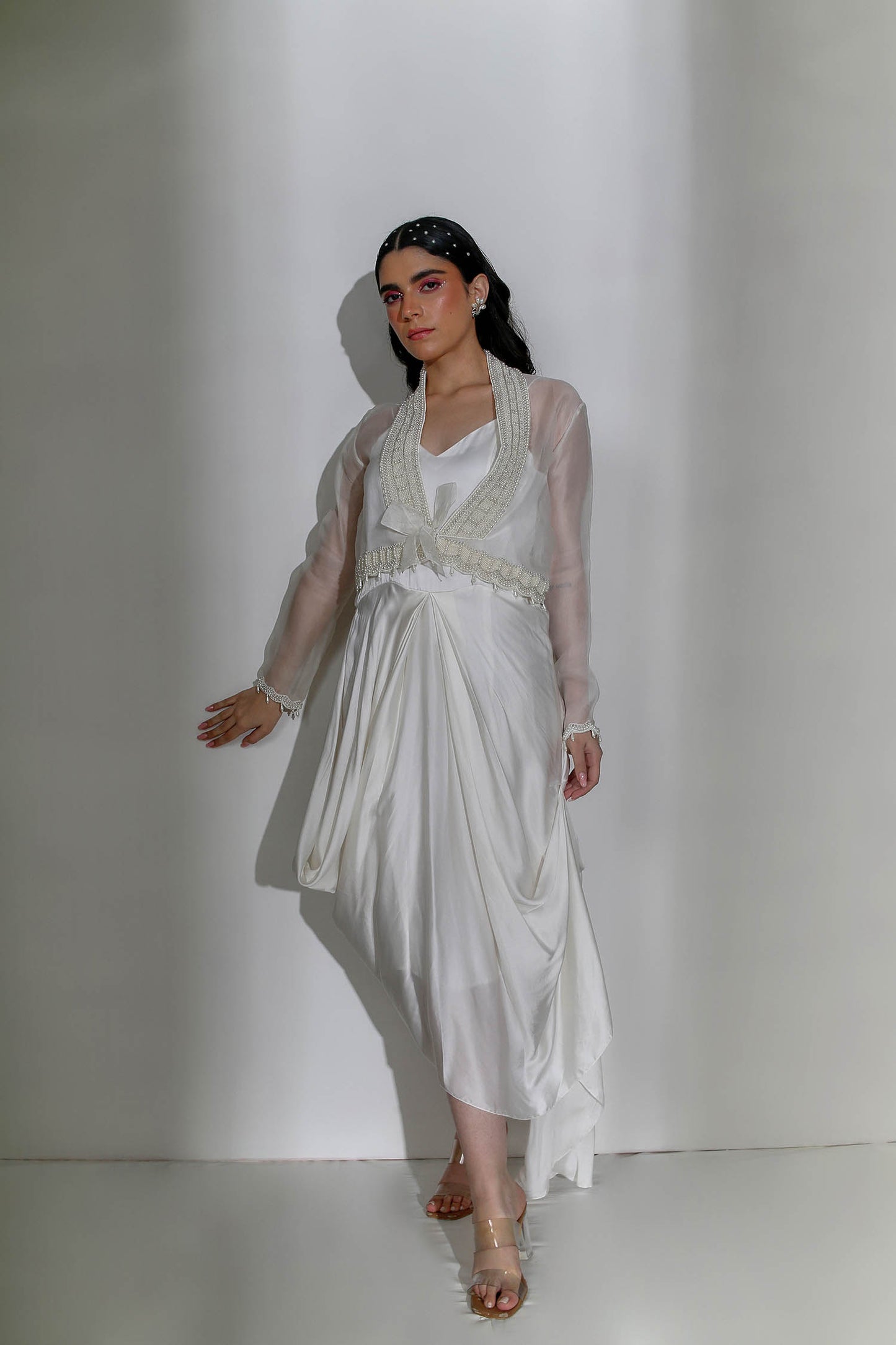 Aster - Ivory Draped Cowl Dress & Cropped Organza Jacket With Pearl Hand-Embroidery on the Collar