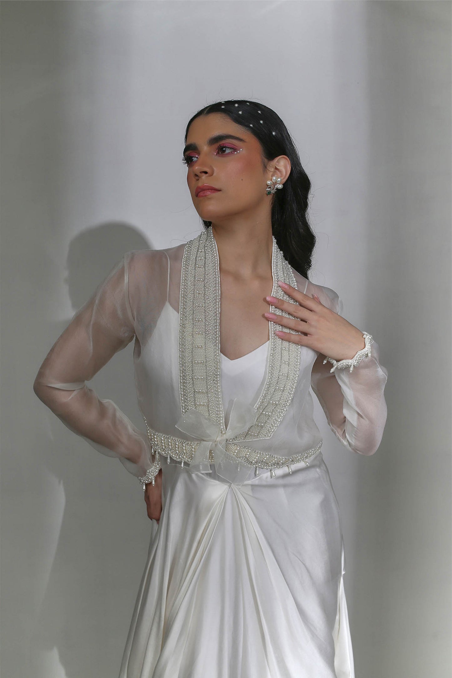 Aster - Ivory Draped Cowl Dress & Cropped Organza Jacket With Pearl Hand-Embroidery on the Collar