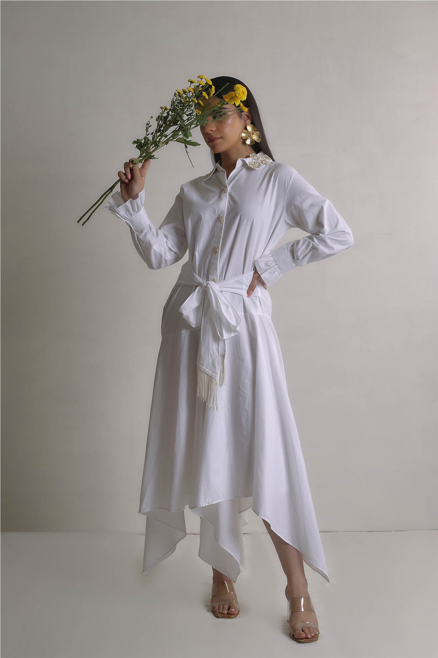 Emana - White High Low Shirt Dress With Hand Work on Collar and Waist Tie With Fringe