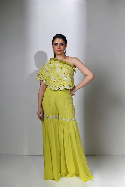 Inaya - Sharp Green Mirror Work Cape and Palazzos