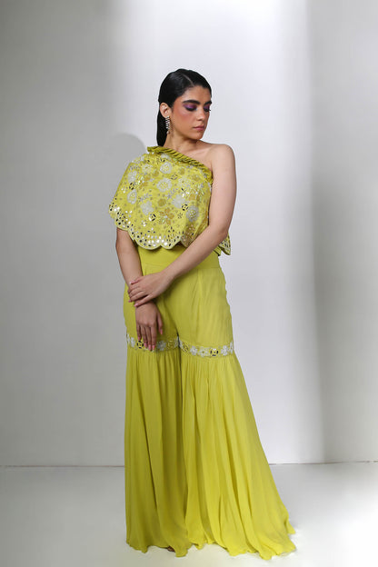 Inaya - Sharp Green Mirror Work Cape and Palazzos