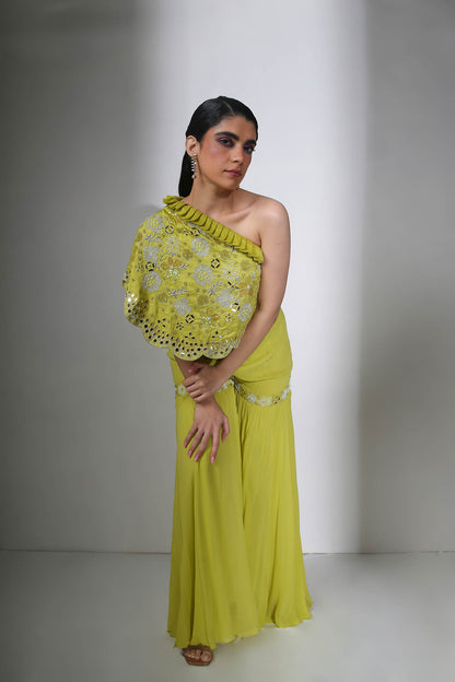 Inaya - Sharp Green Mirror Work Cape and Palazzos