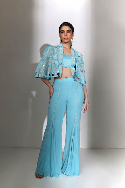 Inaya - Turquoise Mirror Work Blazer With Flared Cape Sleeves and Palazzos