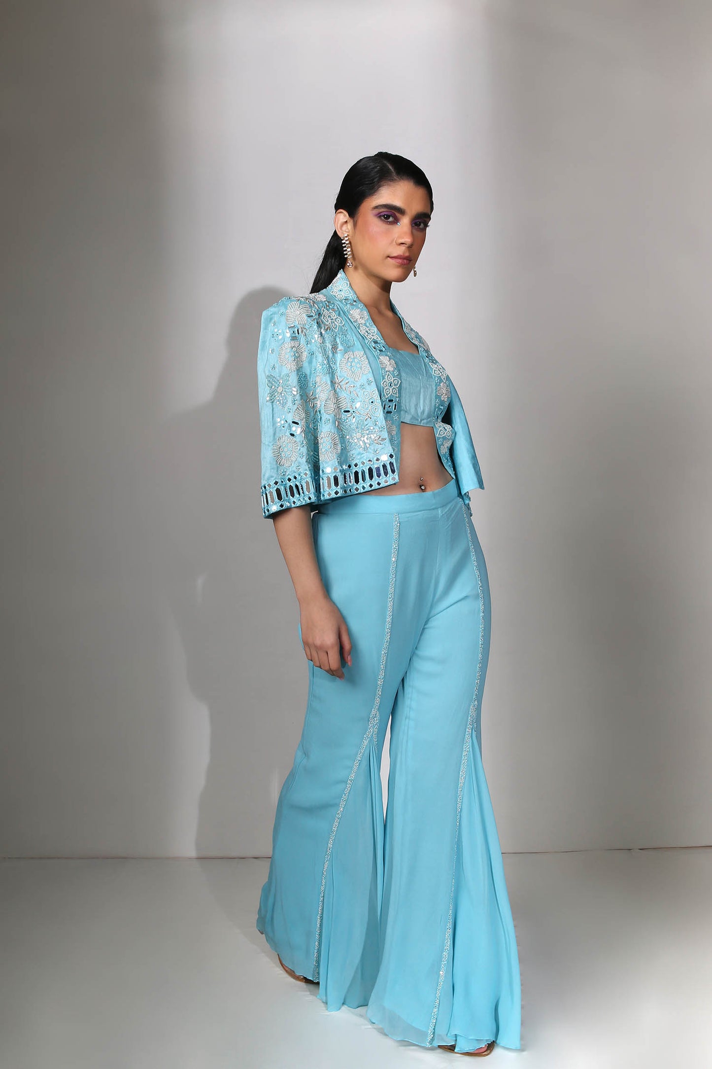 Inaya - Turquoise Mirror Work Blazer With Flared Cape Sleeves and Palazzos