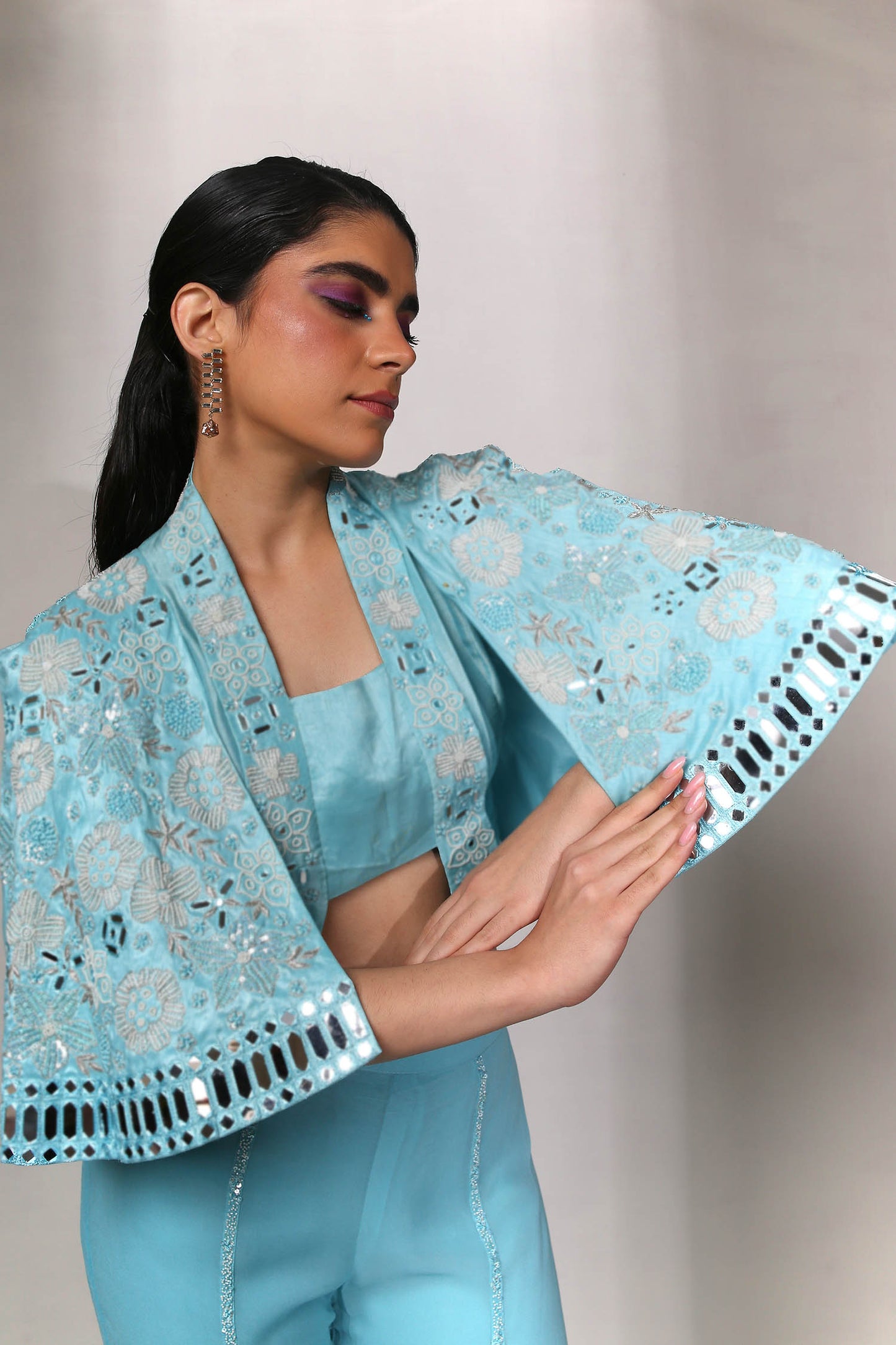 Inaya - Turquoise Mirror Work Blazer With Flared Cape Sleeves and Palazzos