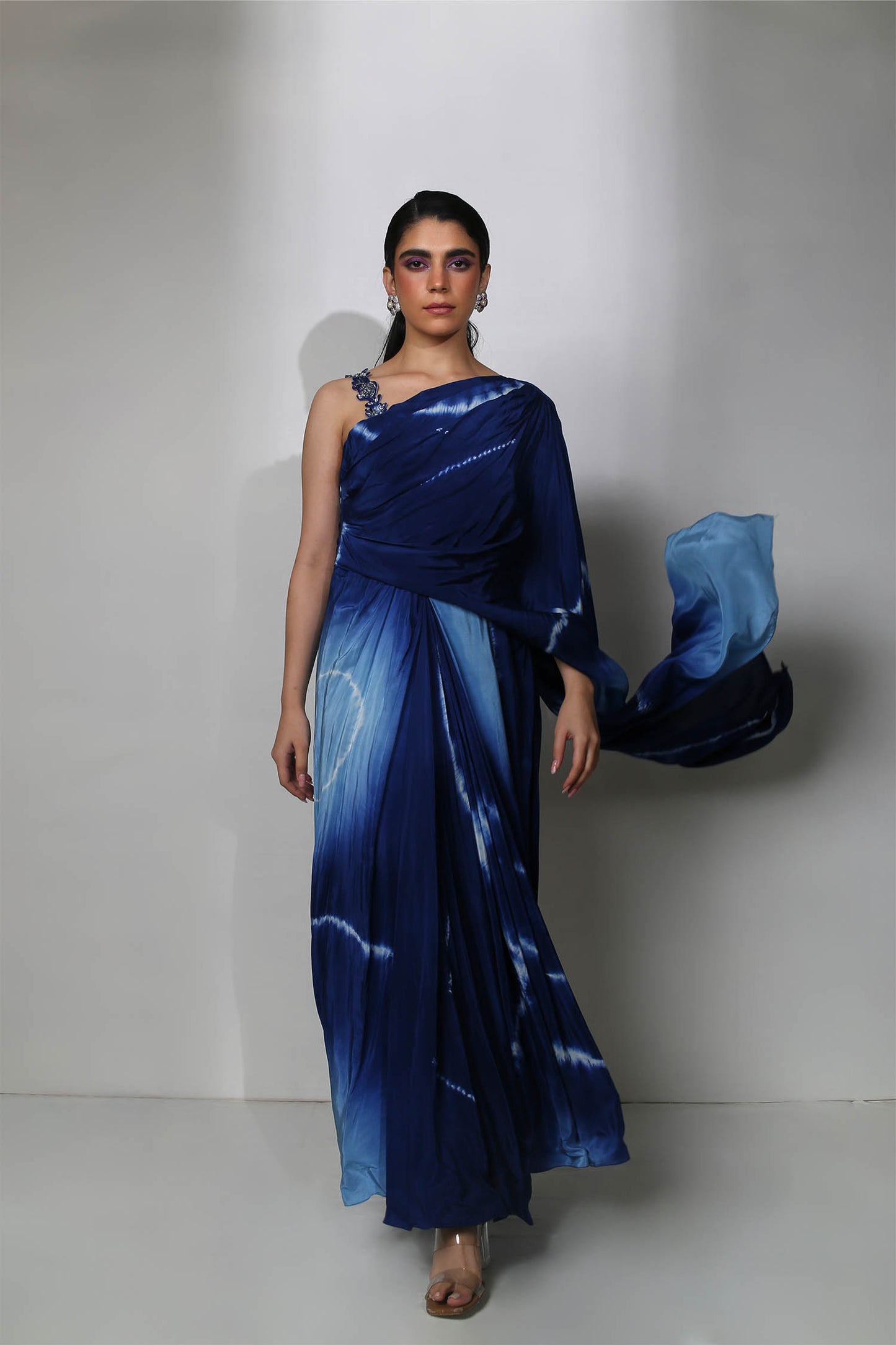 Tasha - Shades of Blue Tie Dye One Shoulder Draped Gown With Hand-Embroidered Stap