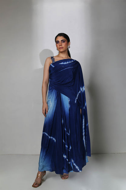 Tasha - Shades of Blue Tie Dye One Shoulder Draped Gown With Hand-Embroidered Stap