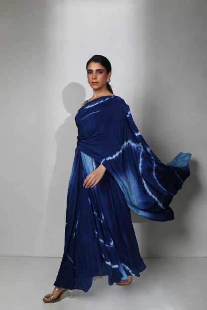 Tasha - Shades of Blue Tie Dye One Shoulder Draped Gown With Hand-Embroidered Stap