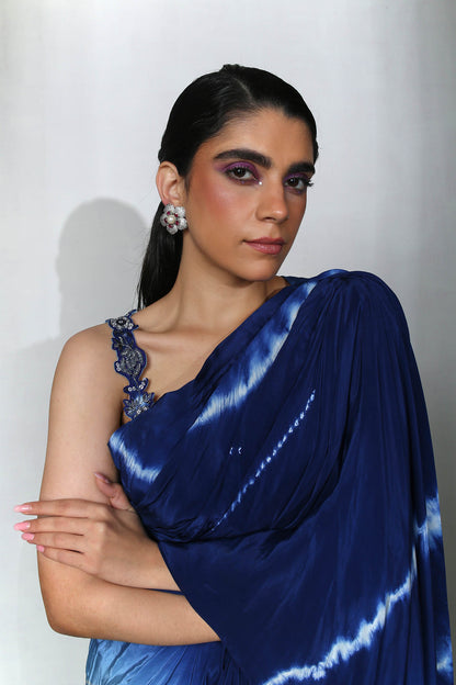 Tasha - Shades of Blue Tie Dye One Shoulder Draped Gown With Hand-Embroidered Stap