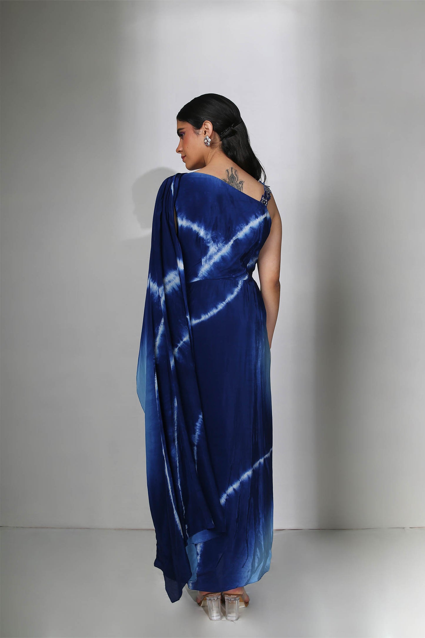 Tasha - Shades of Blue Tie Dye One Shoulder Draped Gown With Hand-Embroidered Stap