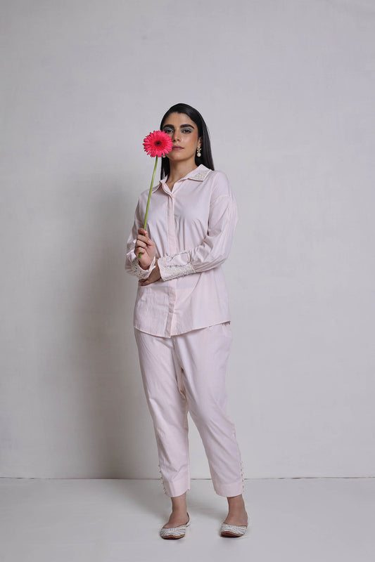 Kaia - Peach Shirt Co-ord Set With Handwork on Collar and Cuffs With Cigarette Pants