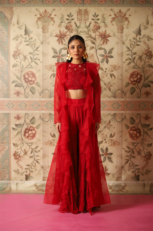 Mehr Red Cutwork Blouse, Ruffle Jacket & Layered Sharara
