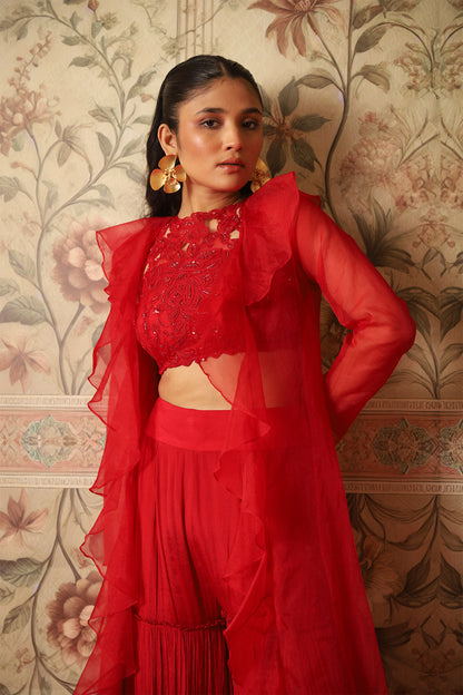Mehr Red Cutwork Blouse, Ruffle Jacket & Layered Sharara