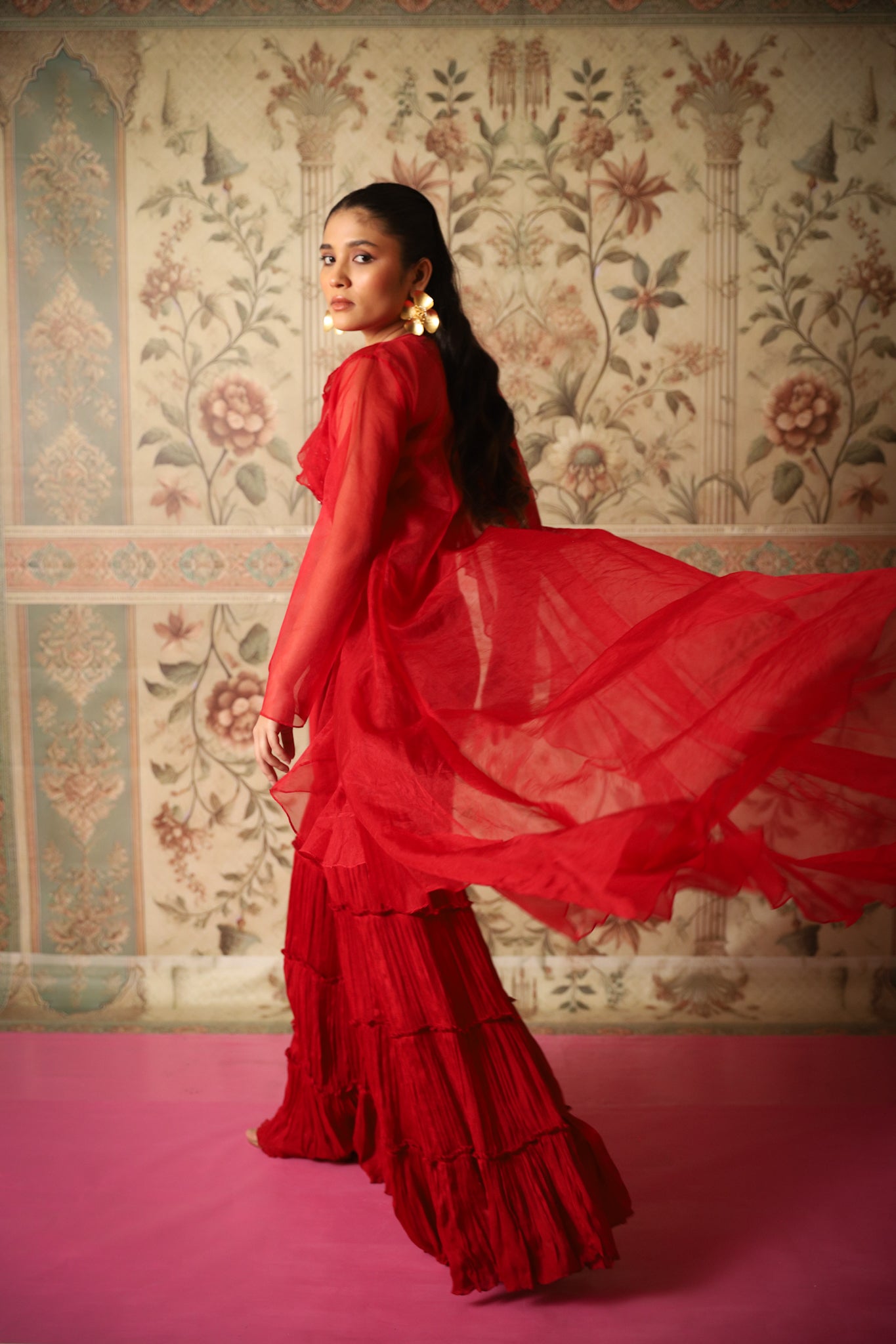 Mehr Red Cutwork Blouse, Ruffle Jacket & Layered Sharara
