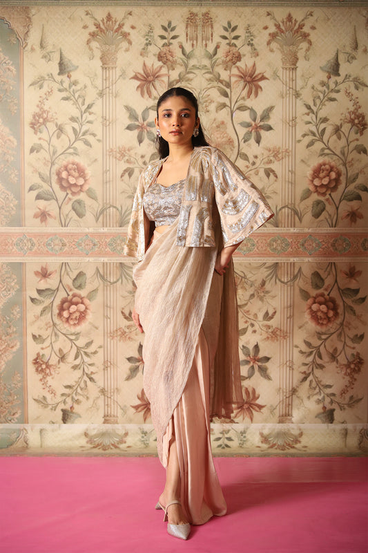 Nour Champagne Jacket, Tissue Pre-Draped Saree & Bustier Blouse