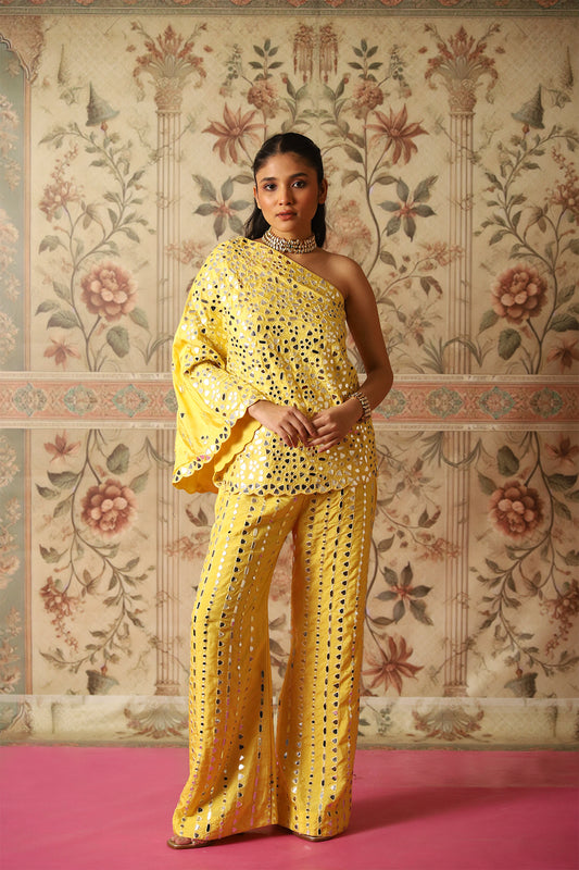 Sahiba Sunshine Yellow One Shoulder Cape and Flared Pants with Mirror Work