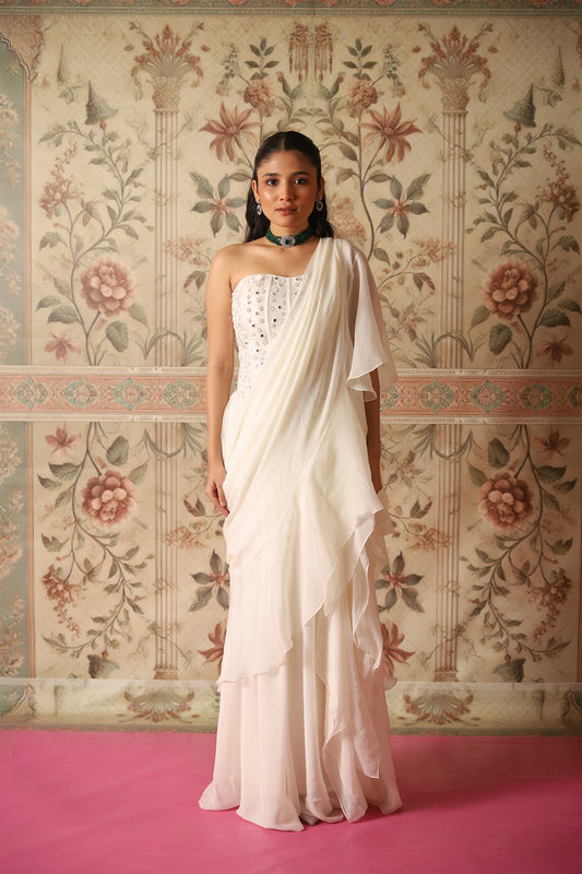 Vera Ivory Pre-Draped Ruffle Saree With an Ivory Corset Blouse