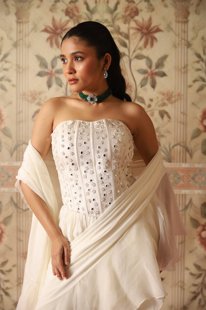 Vera Ivory Pre-Draped Ruffle Saree With an Ivory Corset Blouse