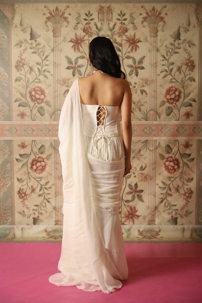 Vera Ivory Pre-Draped Ruffle Saree With an Ivory Corset Blouse